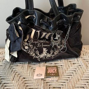 Juicy Couture Original Daydreamer Bag Ring Bling Velour Leather Trim Black Cream